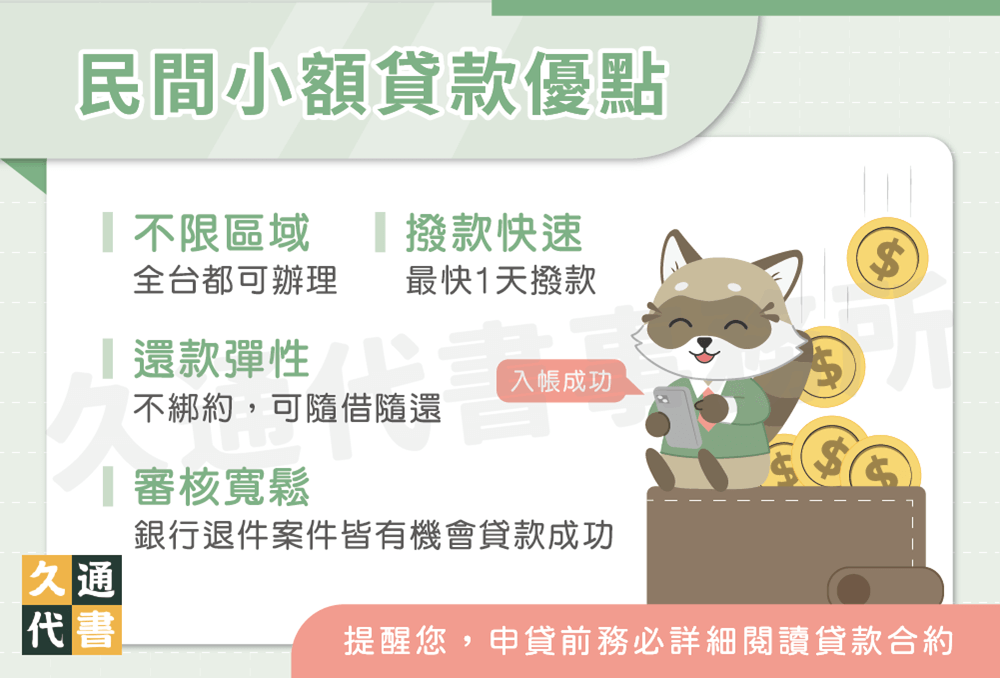 民間小額貸款優點〖久通代書〗