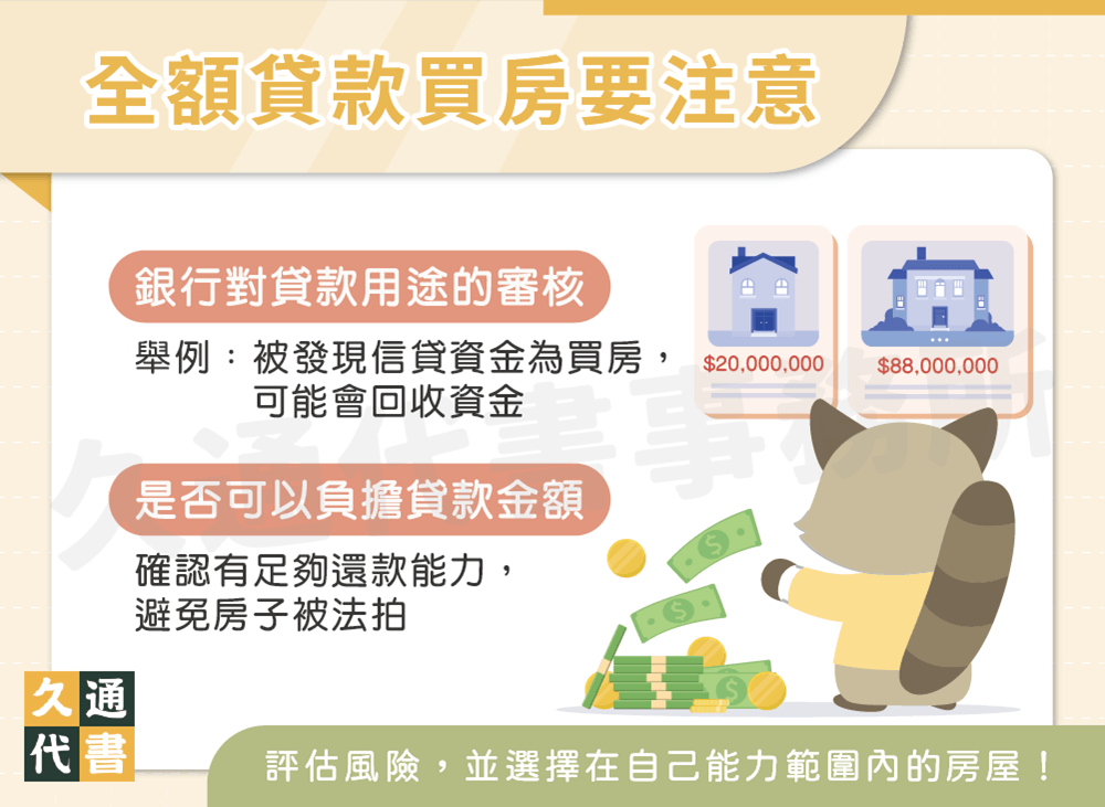 全額貸款買房要注意〖久通代書〗
