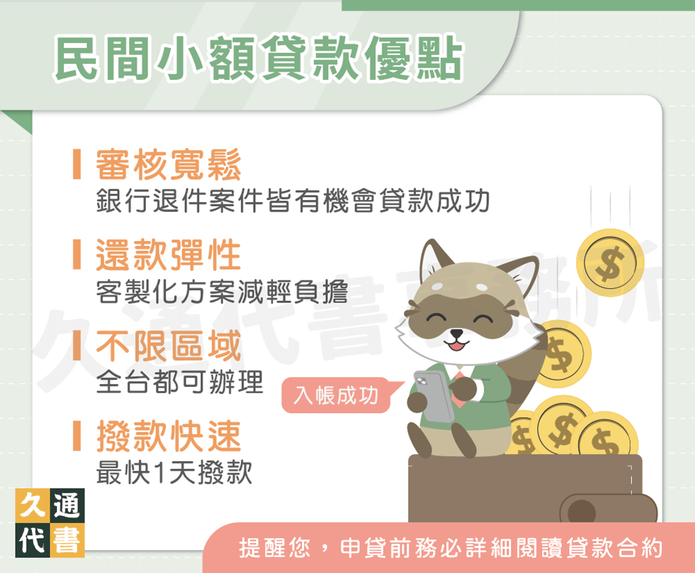 民間小額貸款優點〖久通代書〗